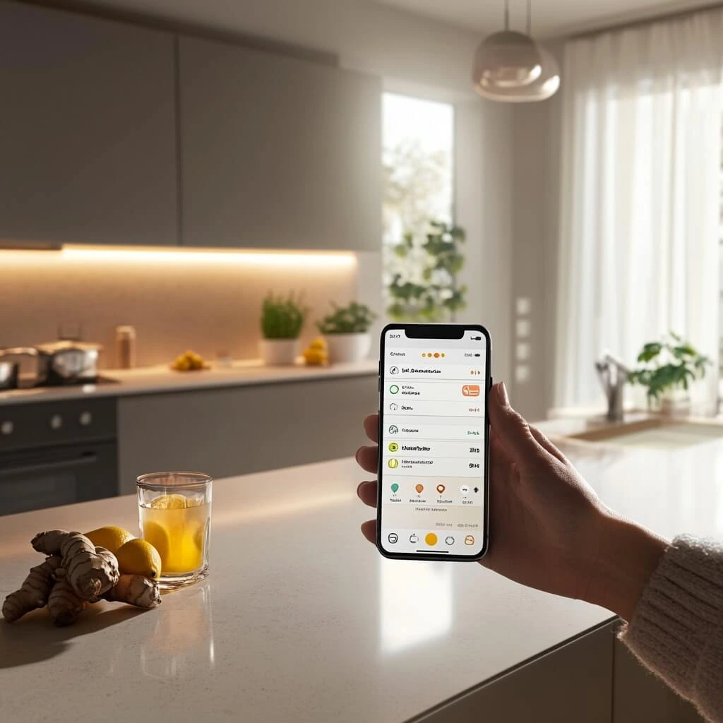 Fitness app interface in a modern kitchen, showcasing personalized health and fitness tracking as part of fitness technology in 2025.