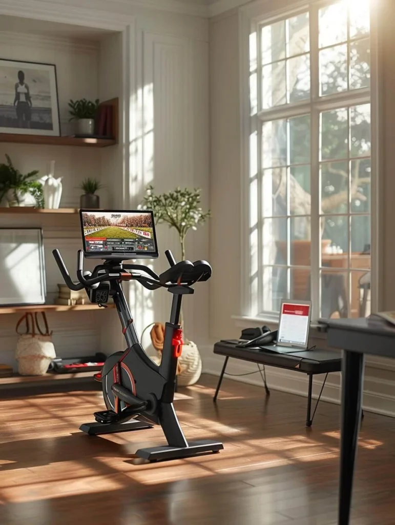 A high-tech stationary bike in a modern home gym, part of Fitness Gadgets 2025.