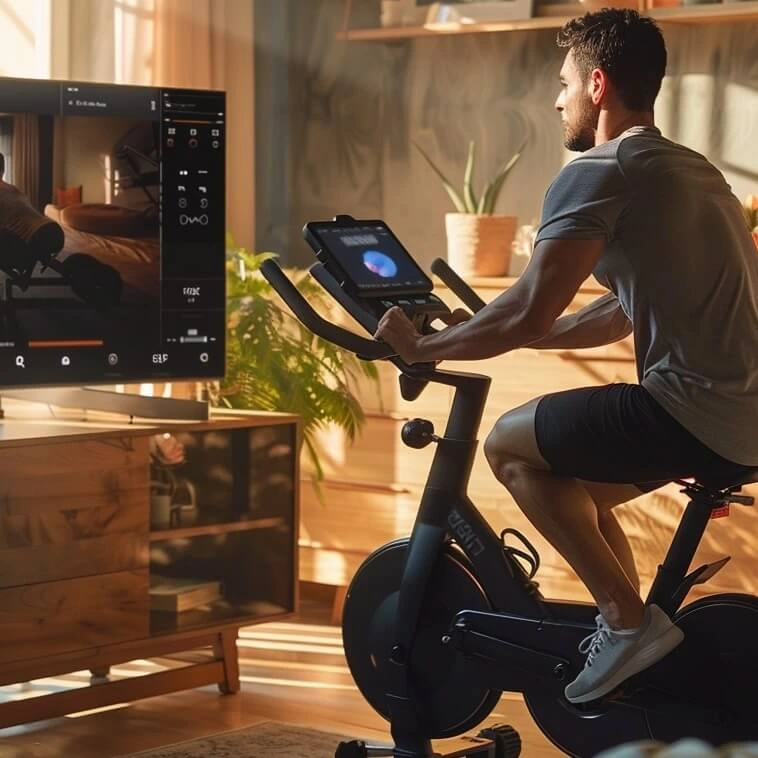 Man using a smart stationary bike with an interactive display, showcasing fitness technology trends in a home gym.