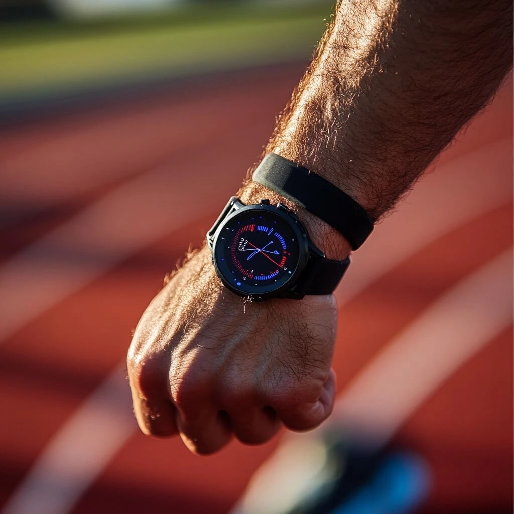 A smart fitness watch on an athlete’s wrist, showcasing high-tech gadgets for athletic training.