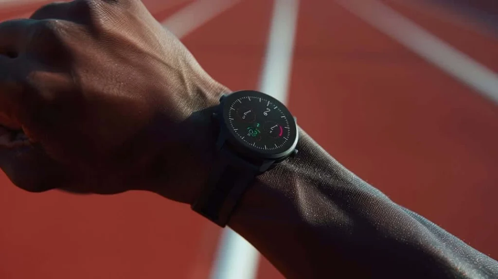 A person wearing a smartwatch on a running track, showcasing Fitness Gadgets 2025.