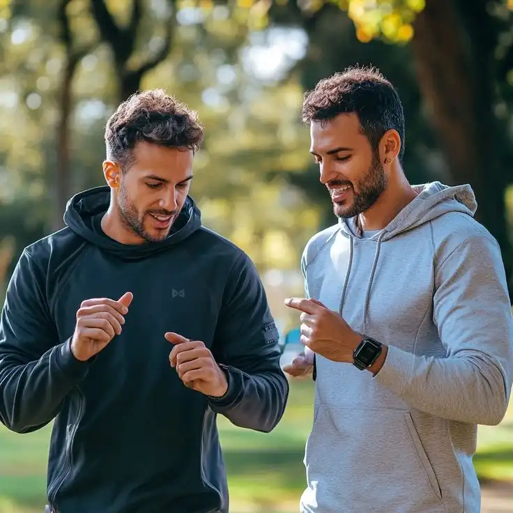 Two men using fitness technology gadgets while walking in the park.