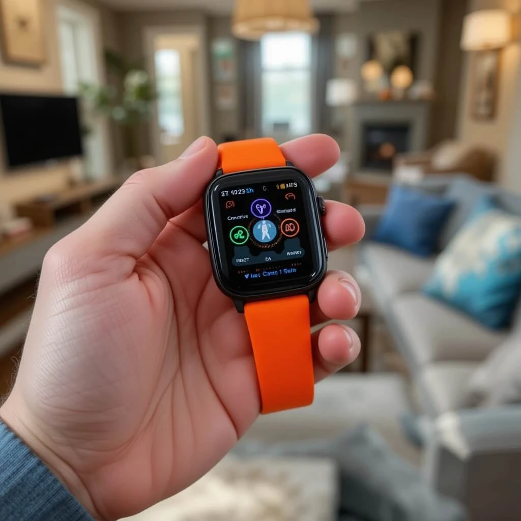 Best fitness tracker with an orange band in a living room.