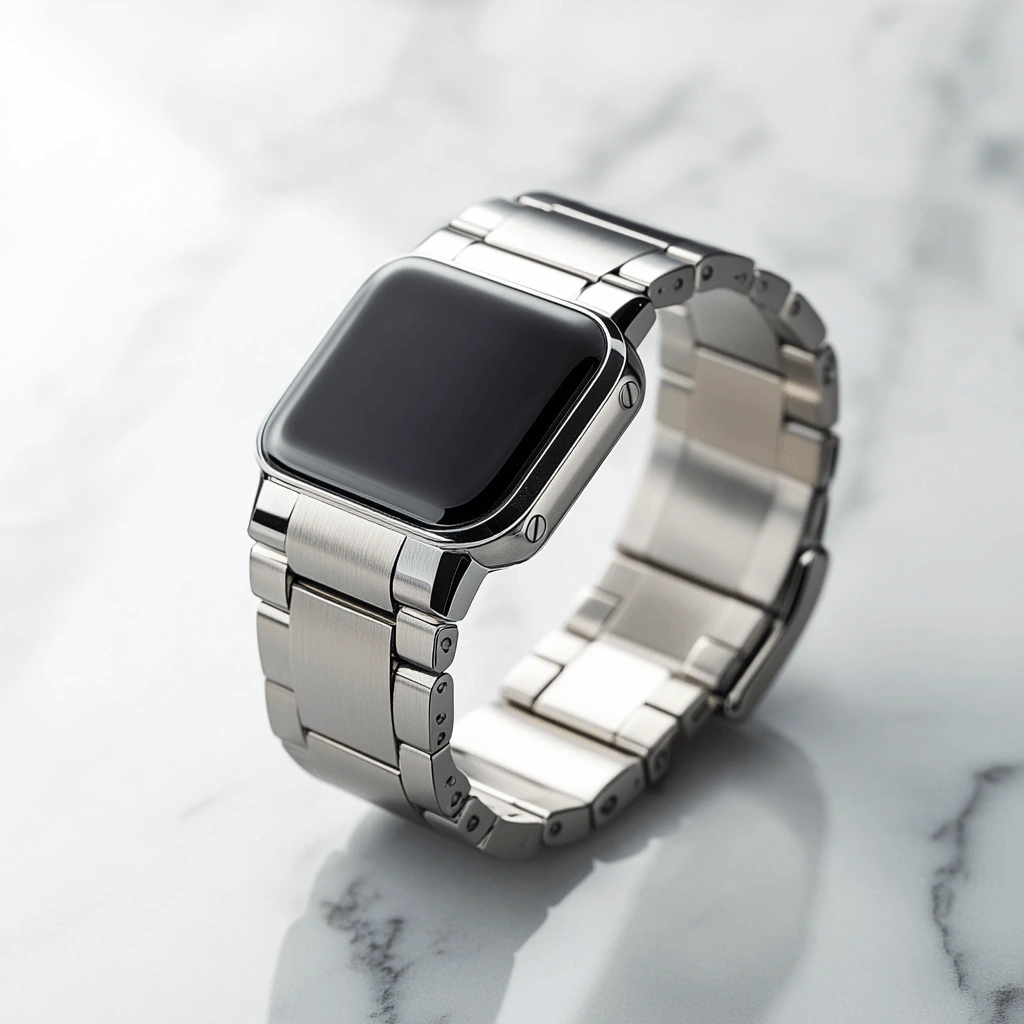 Fitbit watch bands 2025 with a sleek stainless steel strap on a marble surface.