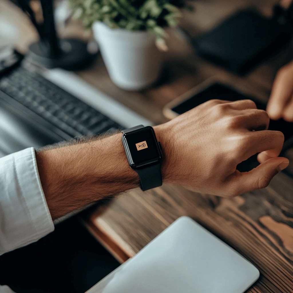 A person adjusting a Fitbit band while seated at a desk, illustrating Fitbit watch band issues related to comfort and fit adjustments.