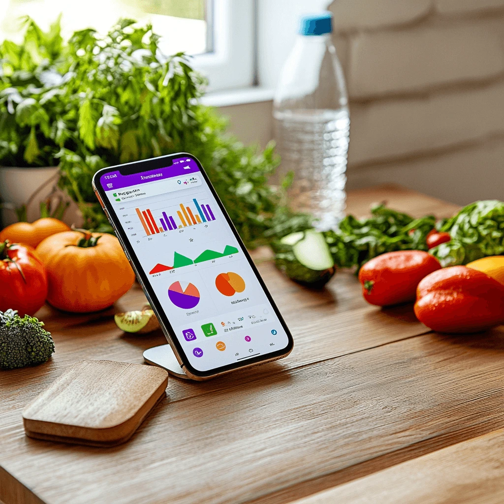 A modern smartphone displaying Free Food Tracking Apps with colorful charts and nutrient insights surrounded by fresh vegetables.
