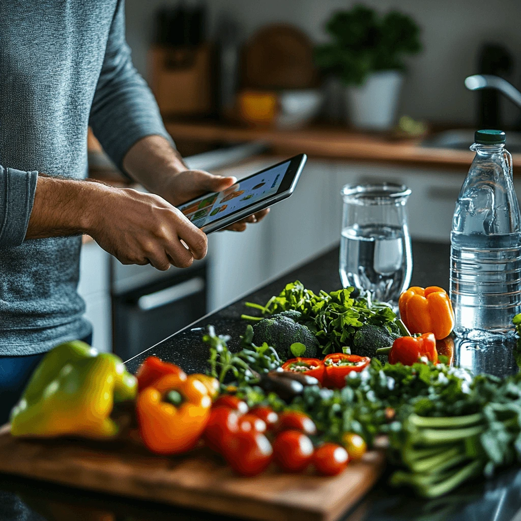 Person using a tablet to track nutrition while preparing a healthy meal, showcasing Fitness Tech Transformation in lifestyle integration.