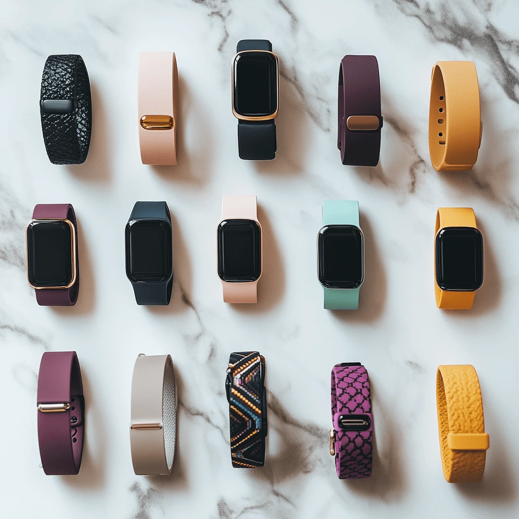 Various Fitbit models and bands showcasing style and compatibility options for fitness trackers.