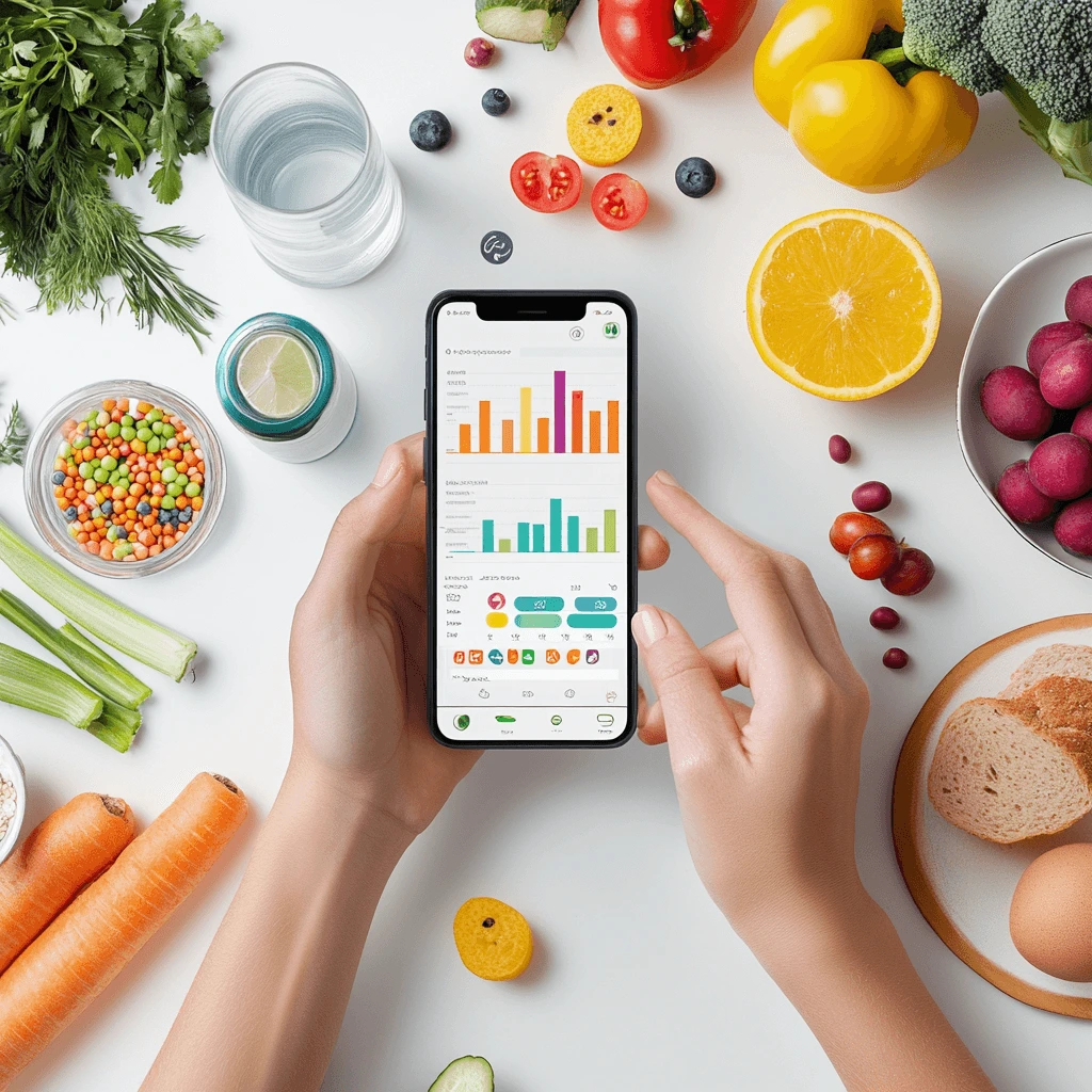 Calorie tracker app displayed with fresh fruits and vegetables.