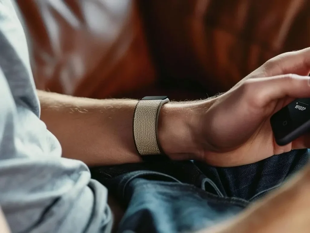 A person wearing a Whoop fitness tracker while using a smartphone in the Whoop vs Fitbit comparison.