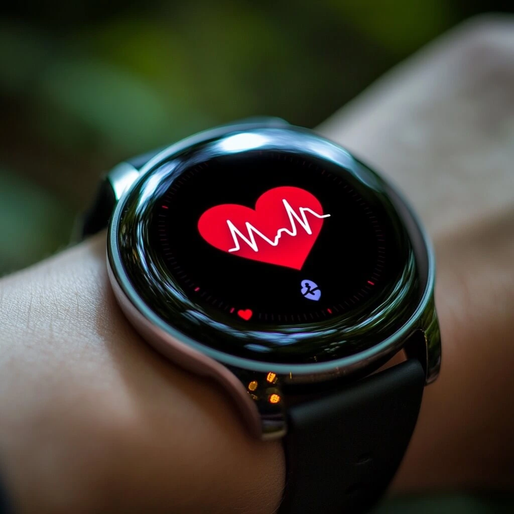 A smartwatch displaying a heart rate monitor, showing how do fitness trackers work to track heart health.
