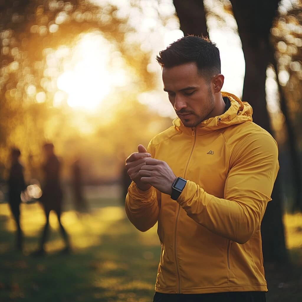 A man checking his smartwatch, illustrating how do fitness trackers work to track activity.