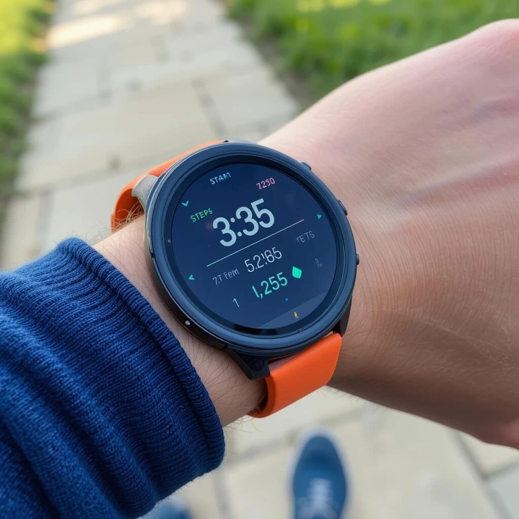 A person wearing a smart fitness tracker showing step count and distance, illustrating how do fitness trackers work.