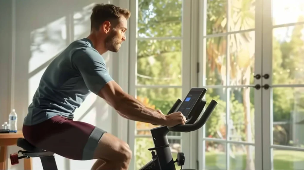 A Peloton bike with a smart display, comparing SmartGym cost with Peloton's pricing and features.