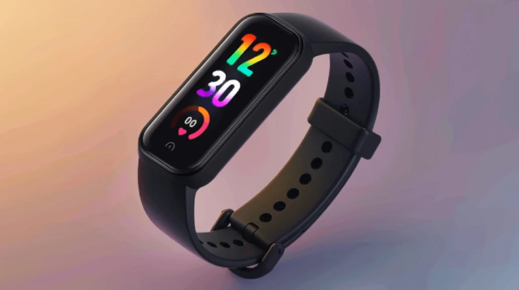 Amazfit fitness tracker with a colorful display and black wristband.