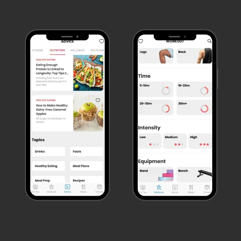 FitOn app interface displaying free workout apps with healthy eating advice and customizable fitness plans.
