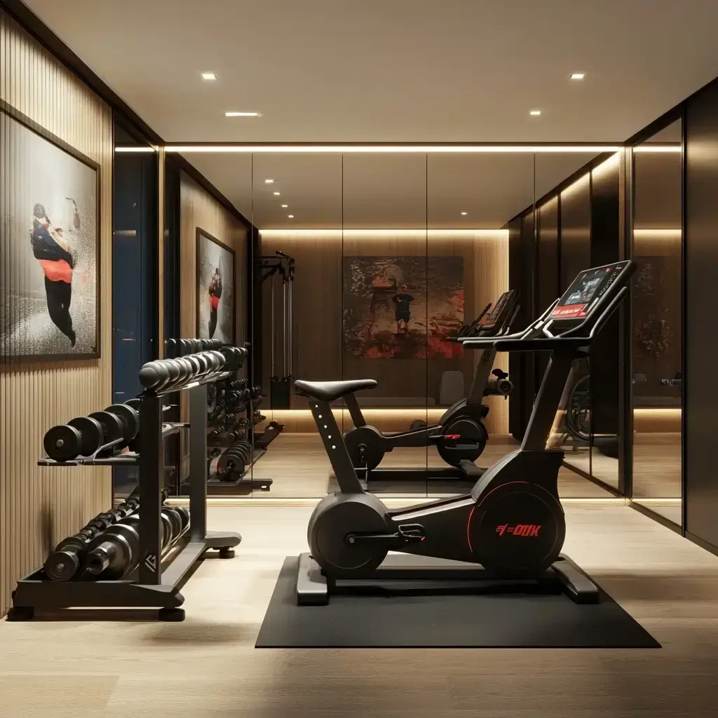 A well-equipped home gym with smart fitness machines, illustrating is a smart gym worth it compared to a traditional gym.