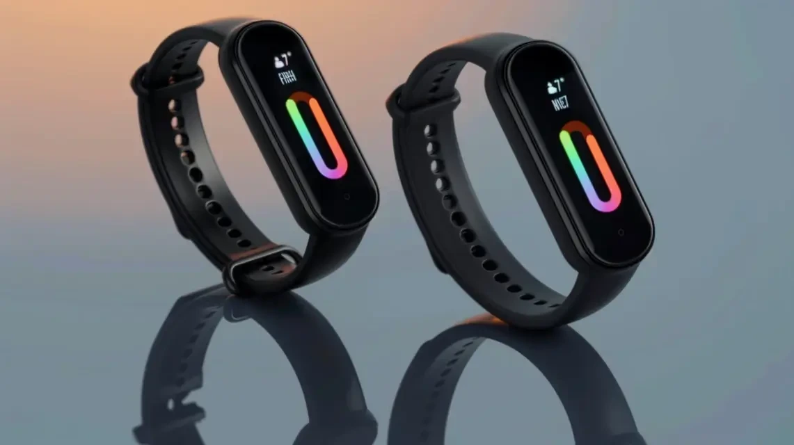 Two Xiaomi Mi Band 8 fitness trackers with colorful displays and sleek black wristbands.