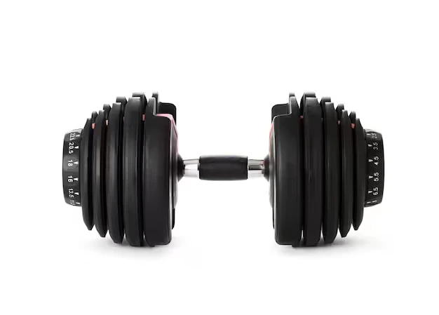 Adjustable dumbbells for compact home workout equipment.