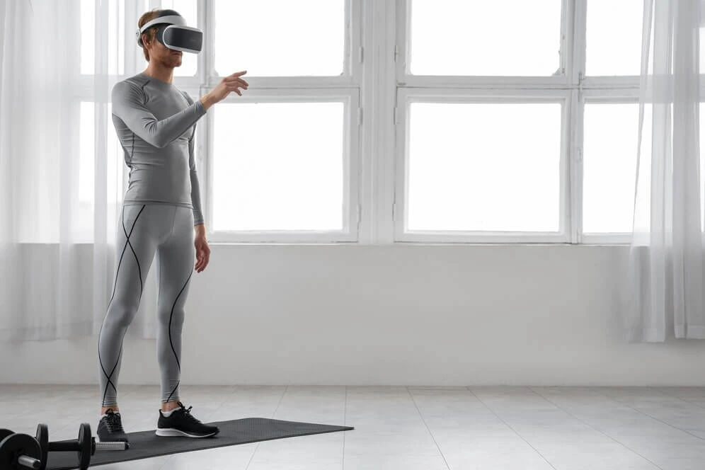 A person using VR technology for an immersive smart gym workout.