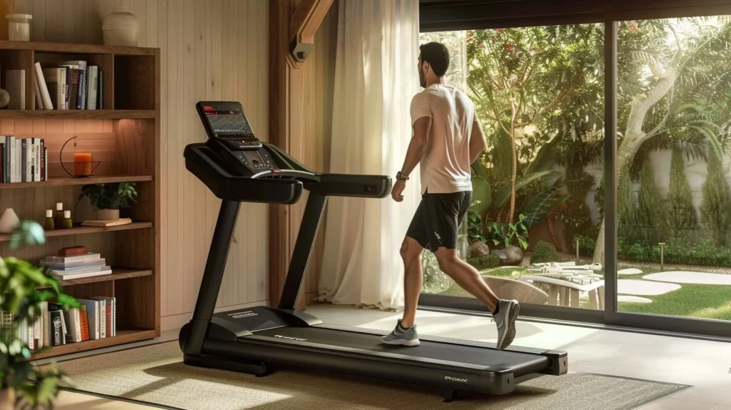 Smart treadmill in a home gym, highlighting SmartGym cost as a budget-friendly fitness option.
