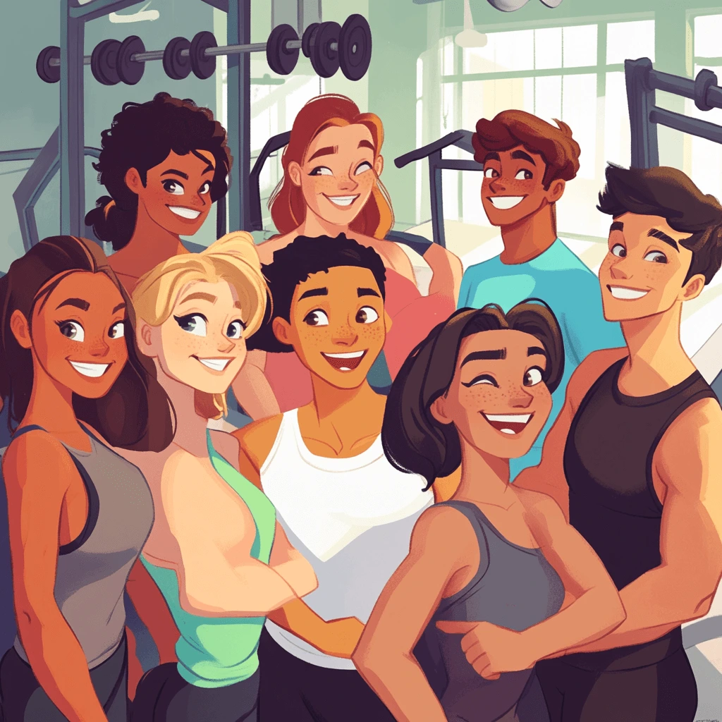 Animated group workout showing why small gyms are better for community support.