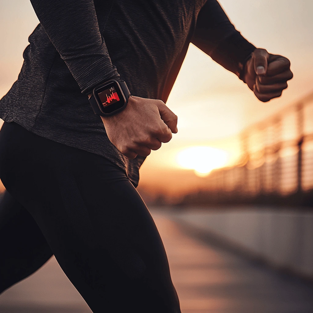 Runner wearing a fitness watch tracking heart rate during an outdoor workout.