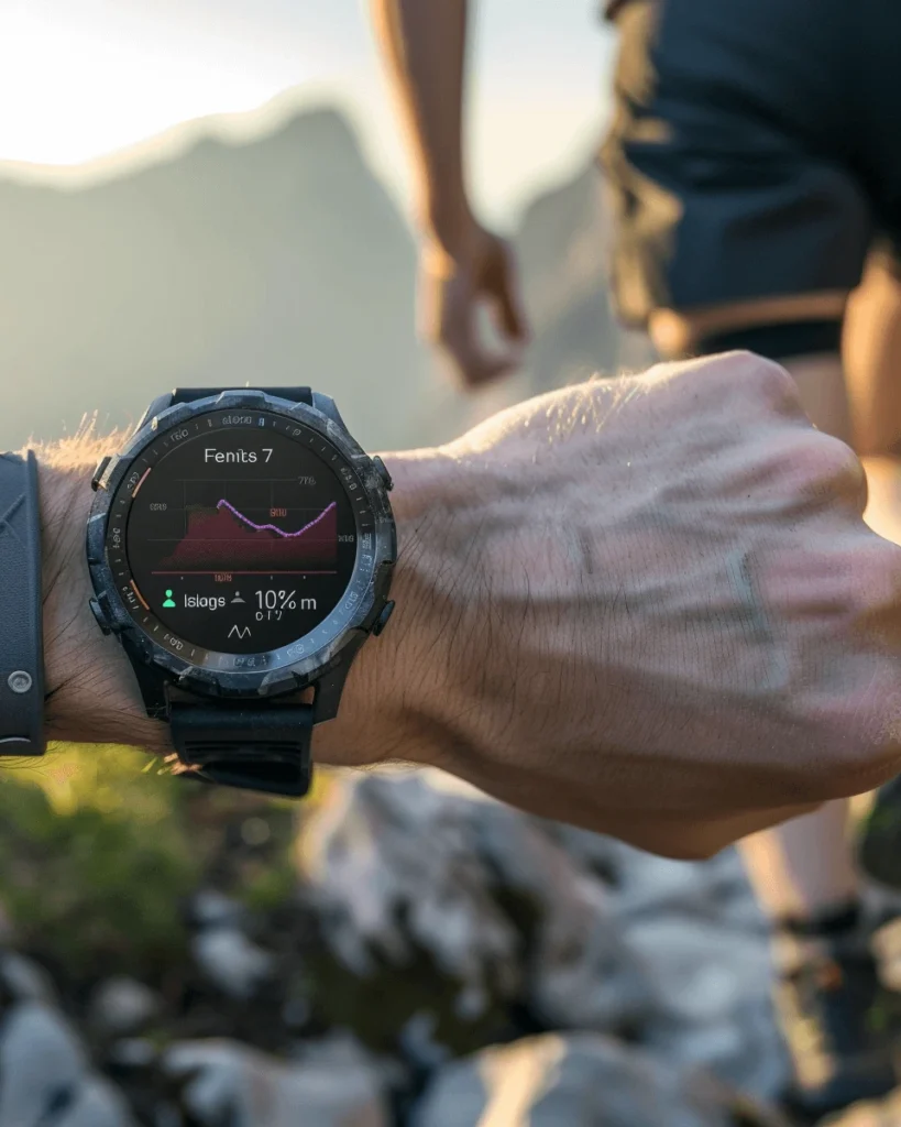 A rugged best technology watch, Garmin Fenix 7, displaying hiking data in the mountains.