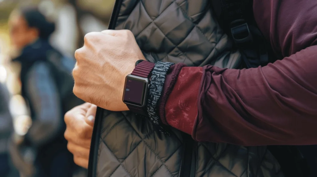 A person wearing a Fitbit smartwatch while on the go in the Whoop vs Fitbit comparison.
