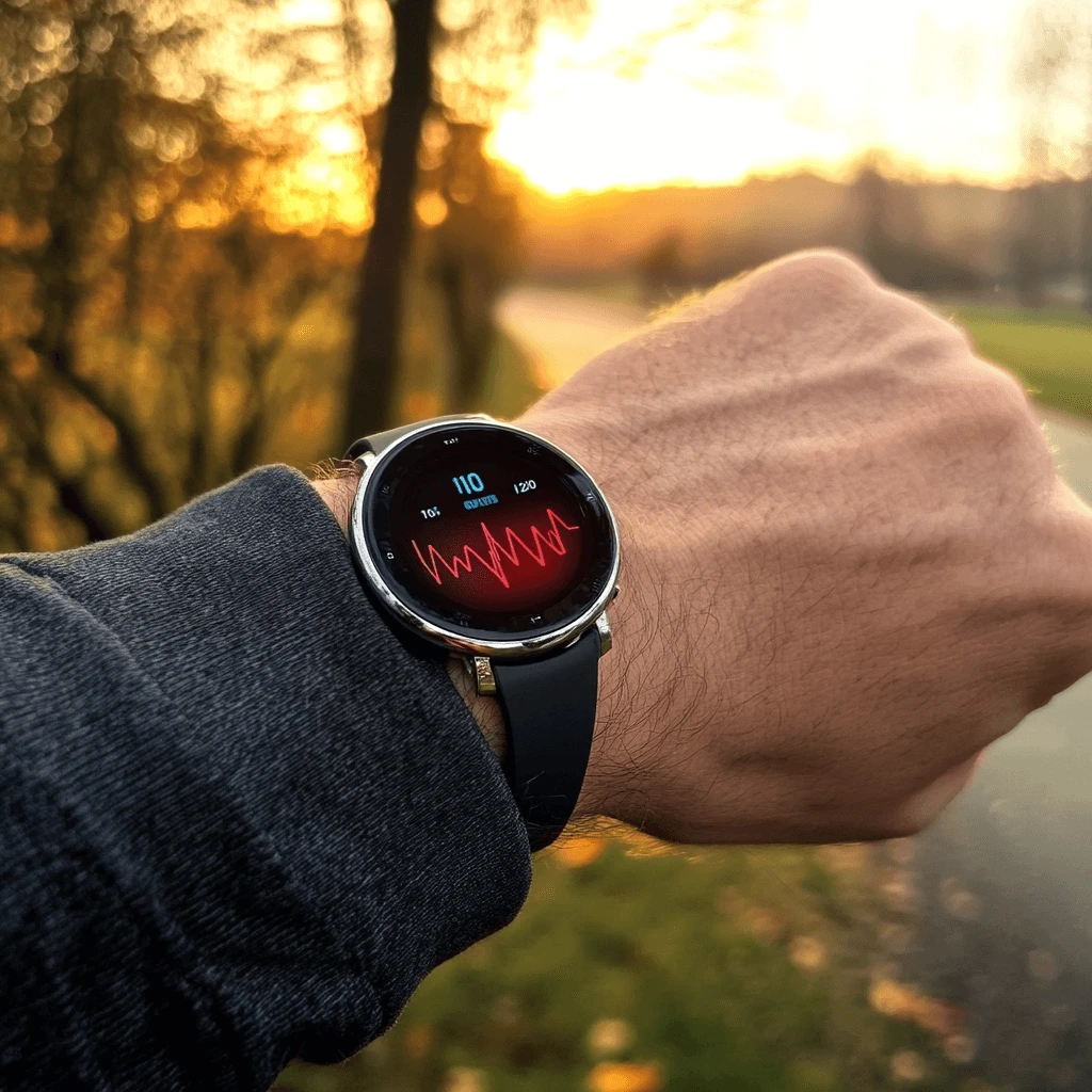 A technology watch displaying real-time heart rate monitoring data during outdoor fitness tracking.