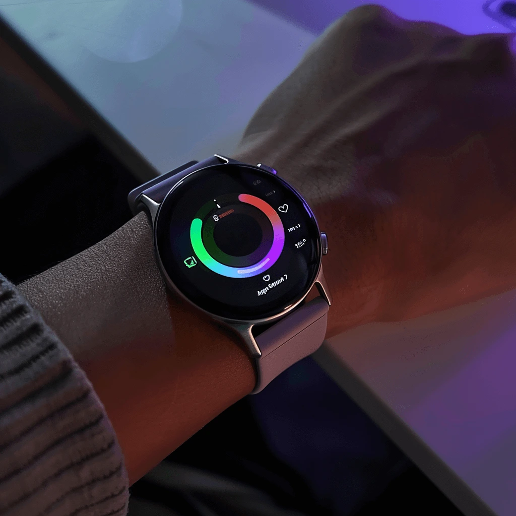 A modern technology watch displaying fitness tracking data on a sleek AMOLED screen.