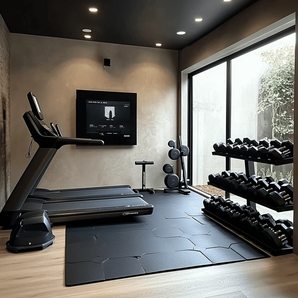 A smart home gym setup with AI-powered fitness equipment, showcasing SmartGym cost efficiency.