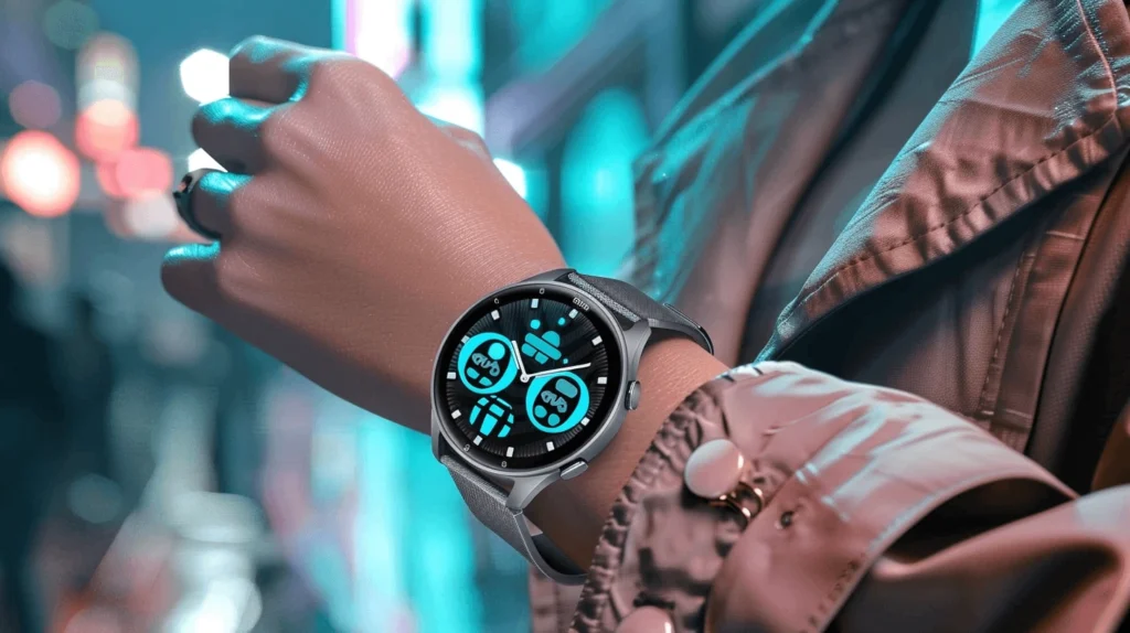 A stylish best technology watch with a futuristic display on a woman's wrist at night.