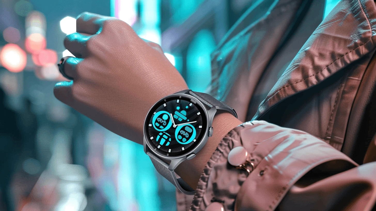 A stylish best technology watch with a futuristic display on a woman's wrist at night.