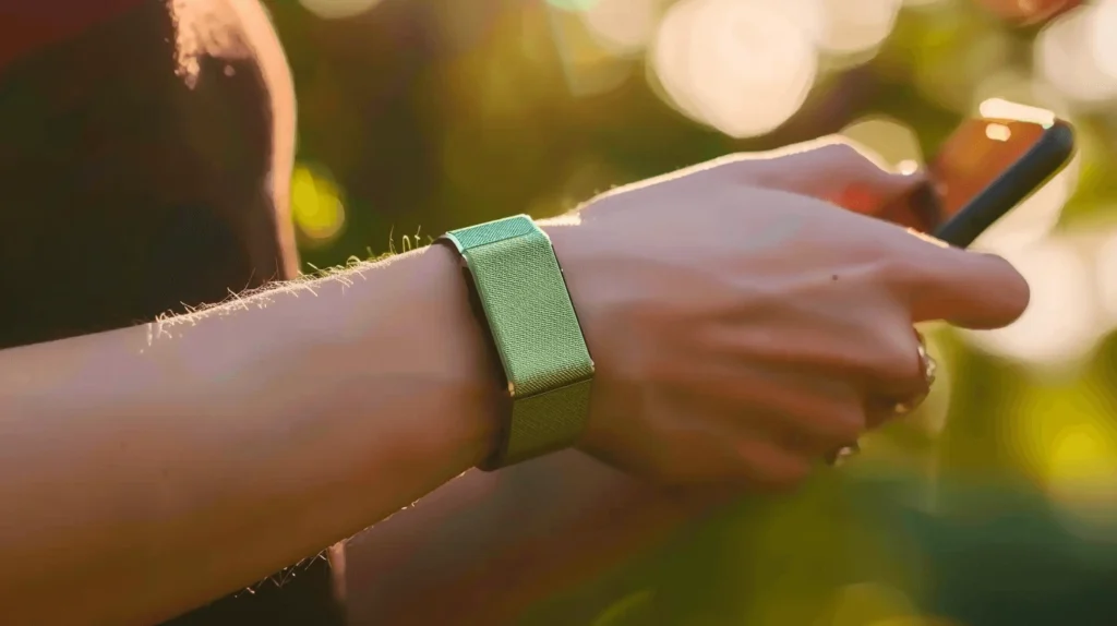 A WHOOP band user checking fitness data on a phone, showing WHOOP without membership still provides access to historical stats.