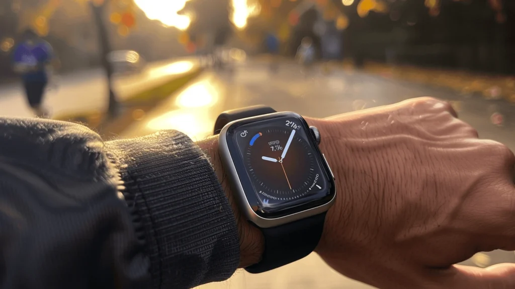 Apple Watch Ultra 2 technology watch displaying real-time fitness metrics during an outdoor workout.
