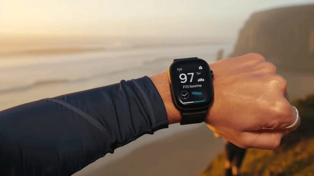 An Apple Watch Series 10 displaying heart rate data on a best technology watch by the beach.