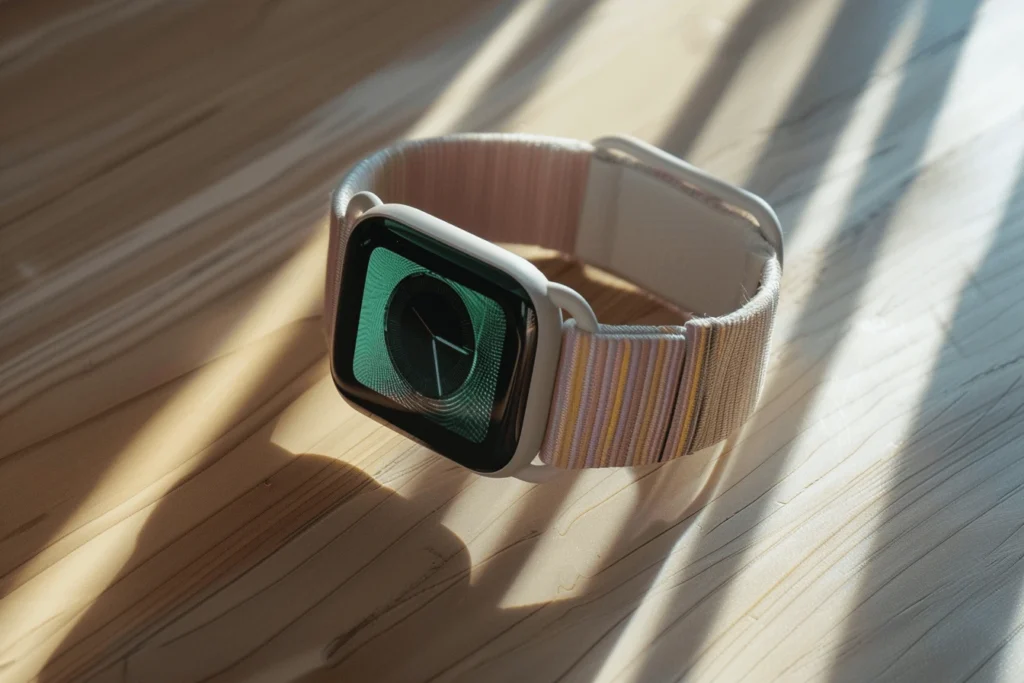 Fitbit smartwatch, a contender for the most accurate health tracker, with accessories and a charging cable.