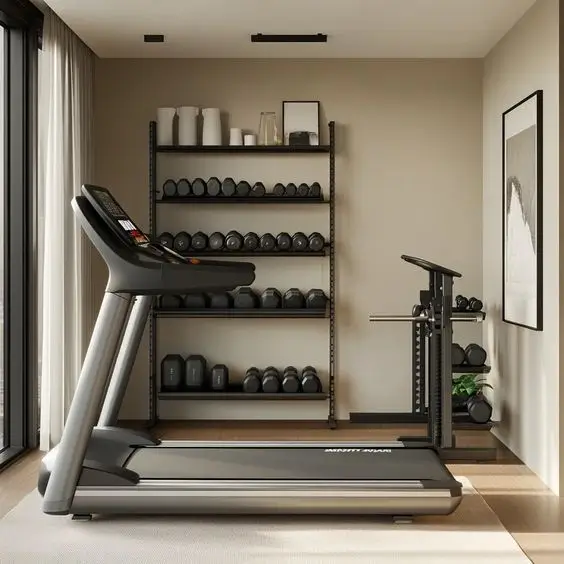Modern home gym featuring a treadmill, ideal for effective treadmill or elliptical workouts.