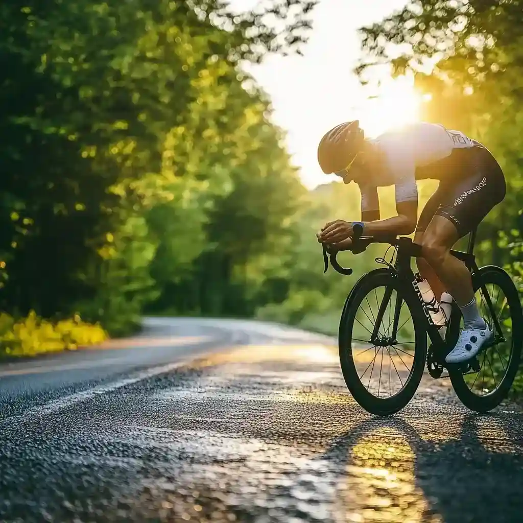 A cyclist checks advanced smart wearables for athletes to track performance on a sunlit road.