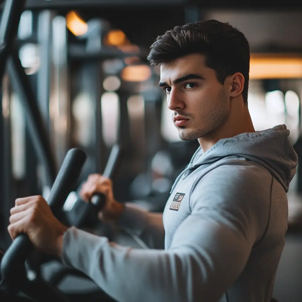 A beginner using a weight machine for beginners with focus and determination.
