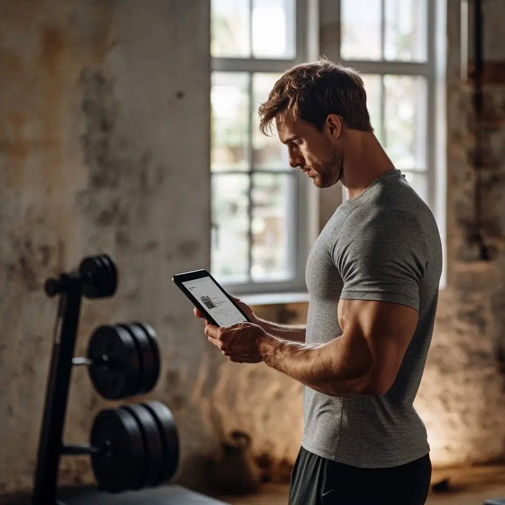 Man using an AI workout plan on a tablet in a gym setting.