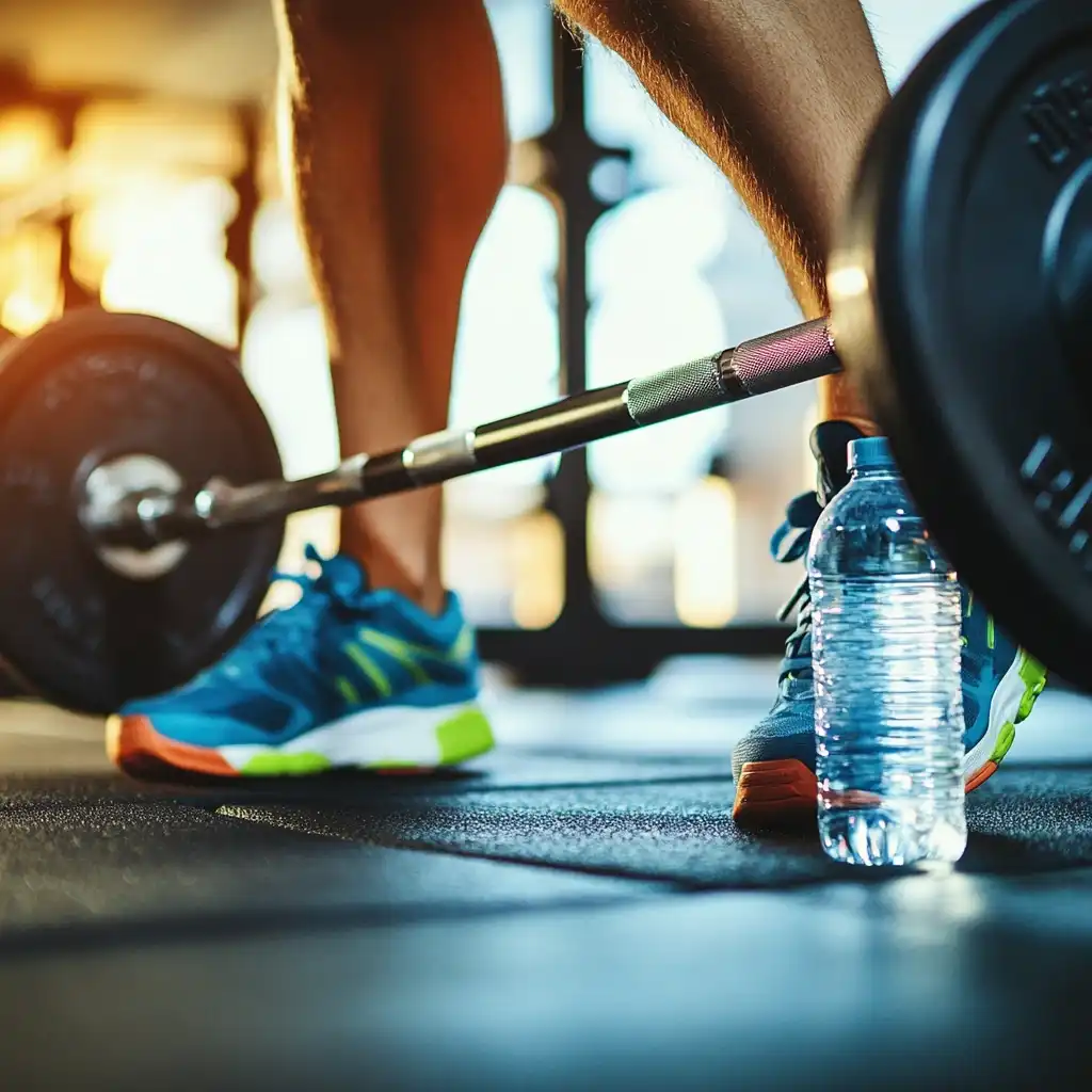 Weightlifting and running combined, with a focus on the barbell and running shoes in a gym setting.