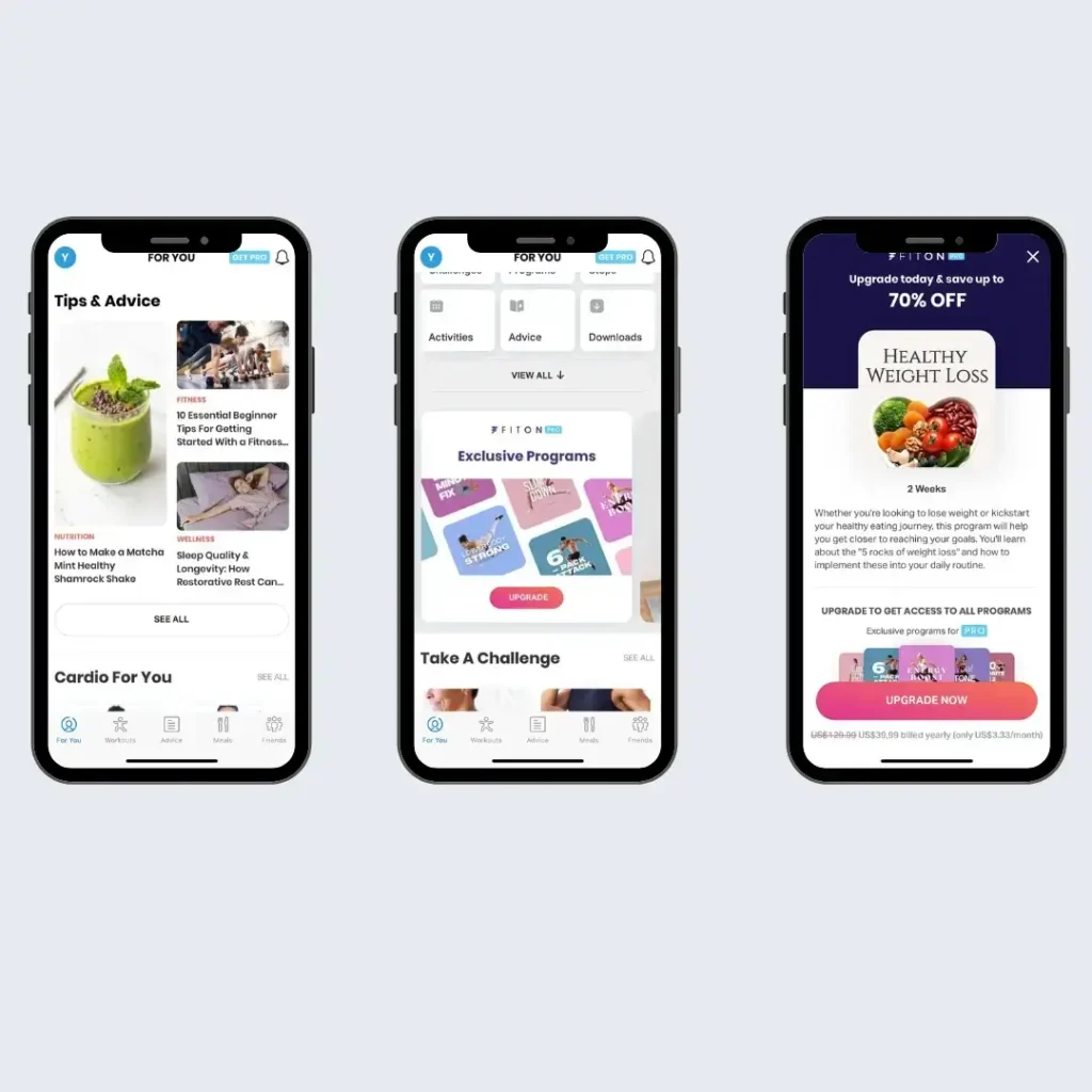FitOn free weight loss app showing workout programs, challenges, and health tips on mobile screens.
