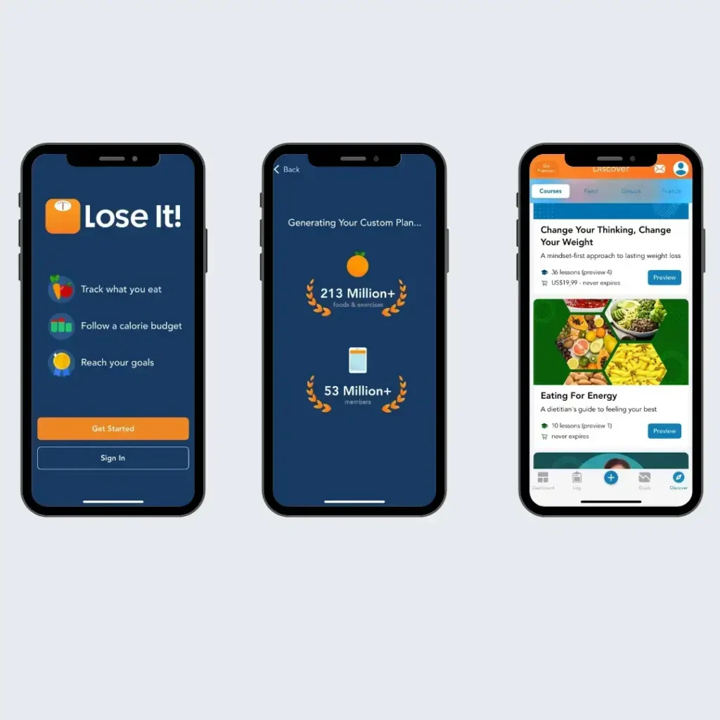 Lose It! free weight loss app showing calorie tracking, meal plans, and personalized weight loss goals on mobile screens.