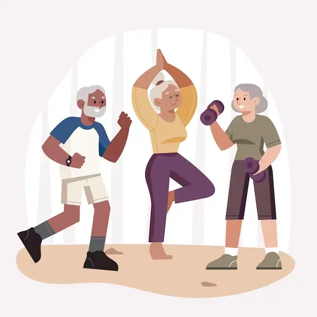 Illustration of older adults engaging in various exercises for older adults including walking, yoga, and strength training.