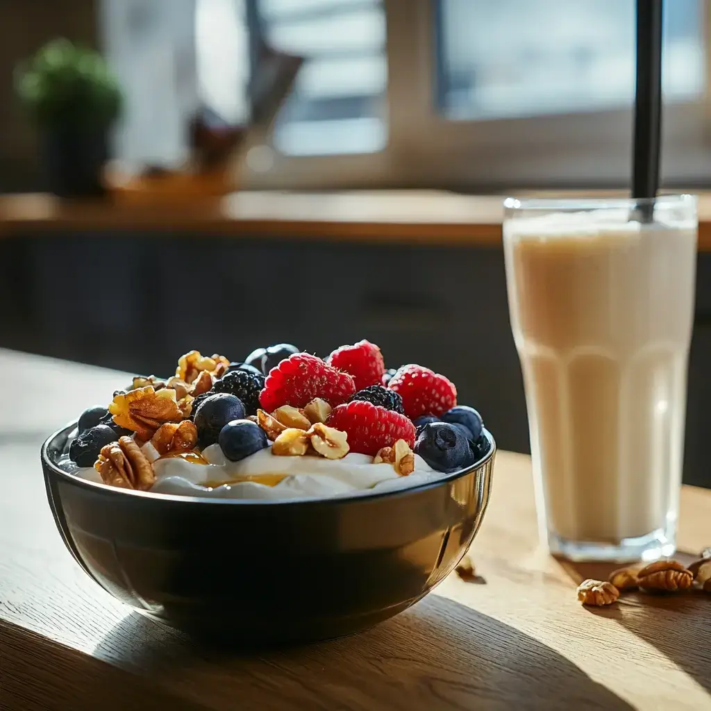 A protein-packed yogurt bowl with berries and nuts, a great pre-workout meal for the number 1 exercise to lose fat.