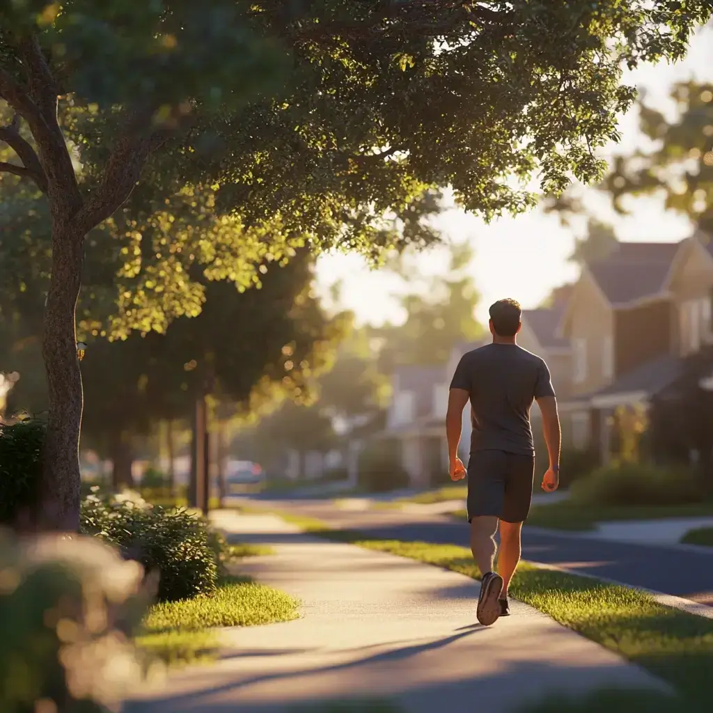 A man walking briskly in a suburban neighborhood, demonstrating how walking burns belly fat effectively.