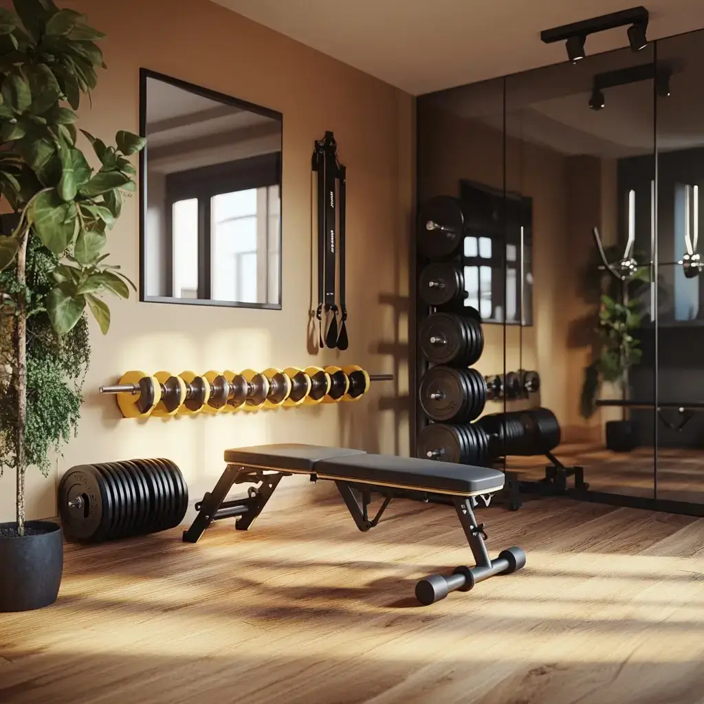 Compact home gym with adjustable dumbbells, weight plates, and resistance training equipment.