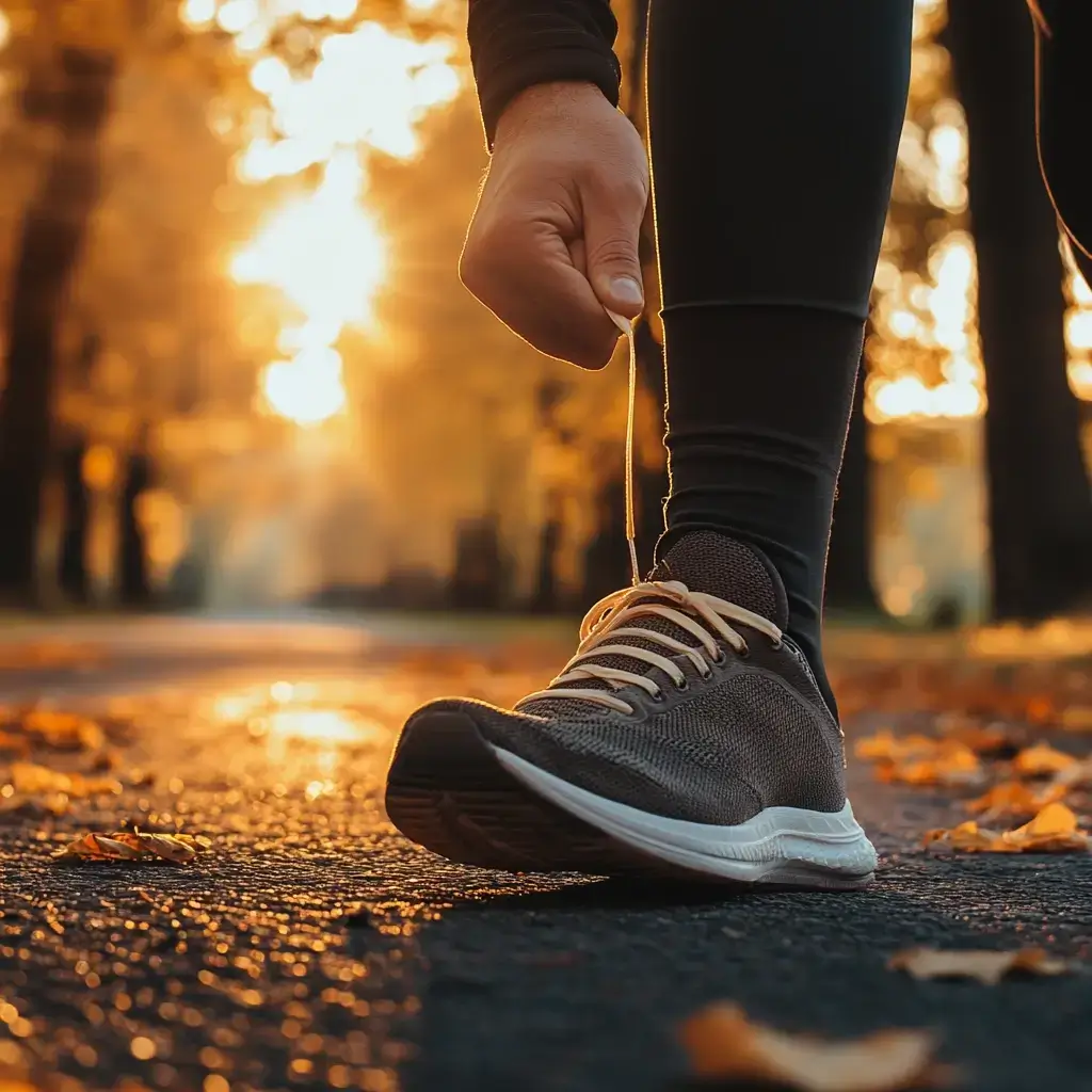A runner tying their shoe before a workout, preparing for the number 1 exercise to lose fat.